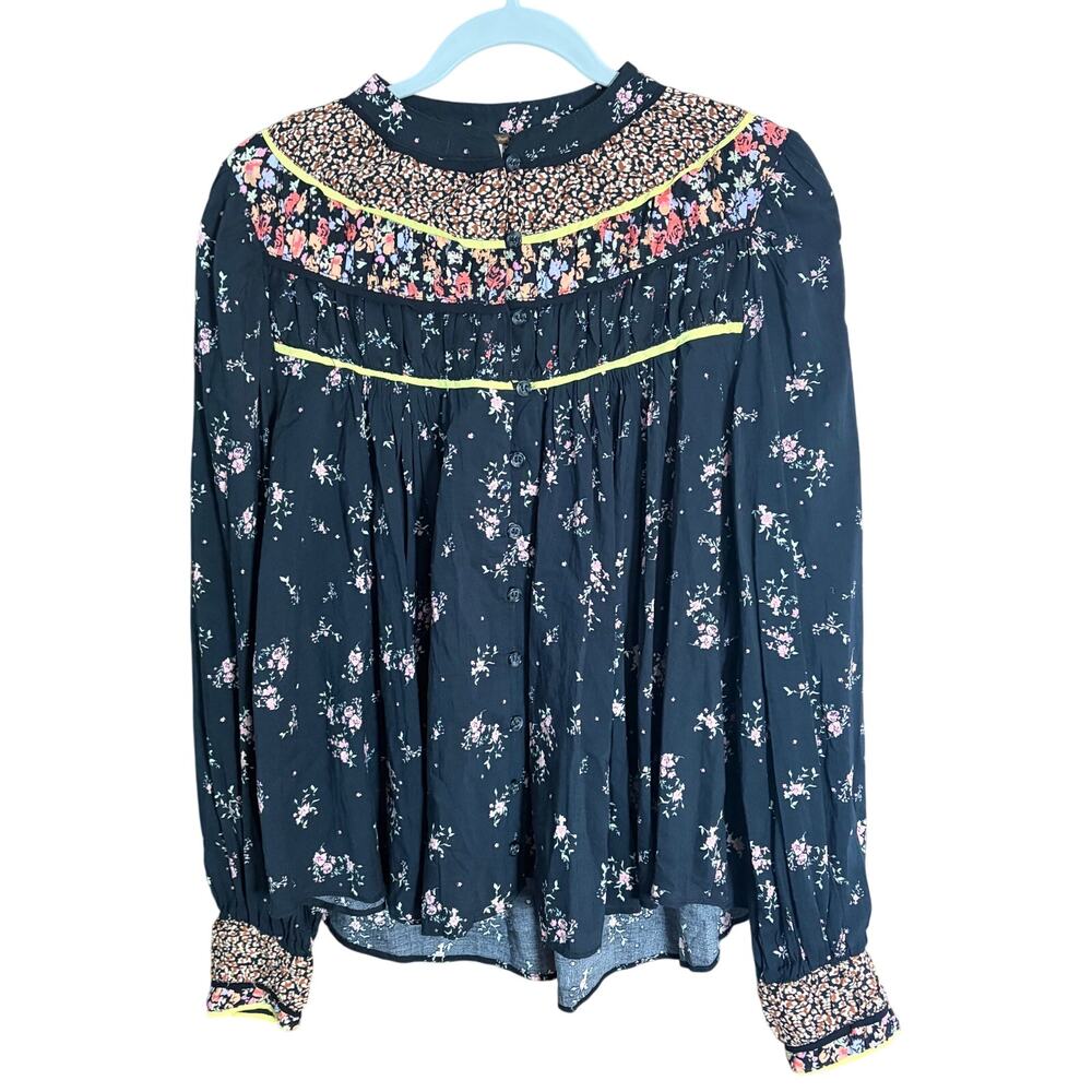 Free People Mixed Print Floral Boho Blouse S Black Ruffle Button Front Cottage
